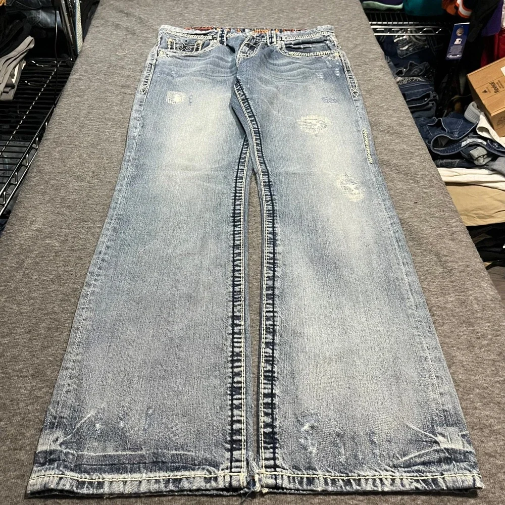 Rock Revival Justin Relaxed Straight Jeans Mens 33x35 Light Wash Distressed Y2K